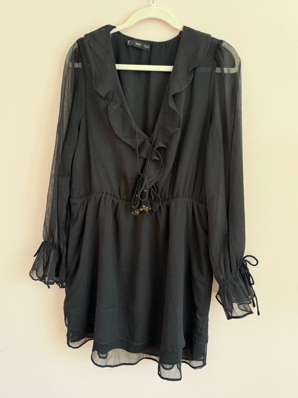 Mango Black Ruffle V-Neck Long Sleeve Dress